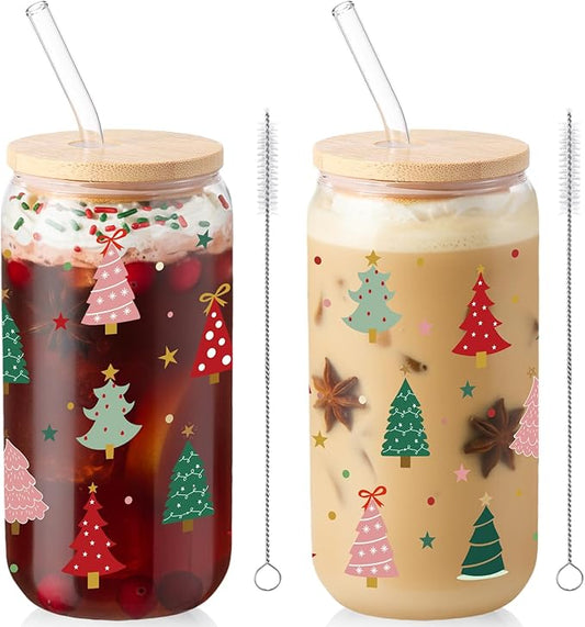 Sliner 2 Pcs Christmas Tree Glass Cups Xmas Winter Tumbler with Lid Straw Drinking Glasses 16 oz Iced Coffee Cup with Cleaning Brush Beer Can Tumbler Cute Holiday Gifts for Home Office Decorations