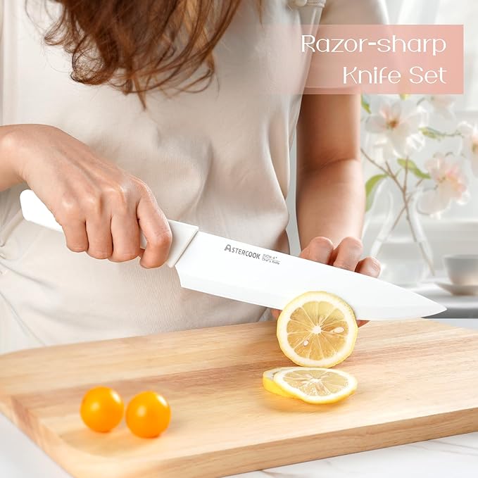 Astercook Knife Set for Kitchen 15 Piece with Block and Sharpener Kitchen Knives with Ceramic Coating Sharp Blade Dishwasher Safe Deba Knives with Anti-slip Ergonomic Handle, Elegant White