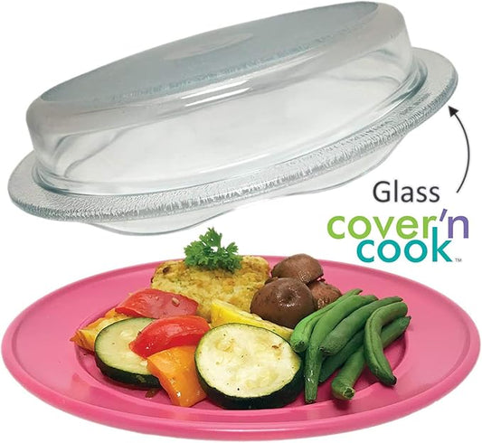 Cuchina Safe 2-in-1 Cover ‘n Cook Vented Glass Microwave Plate Cover and Baking Dish; Easy to Grip for Baking and Serving