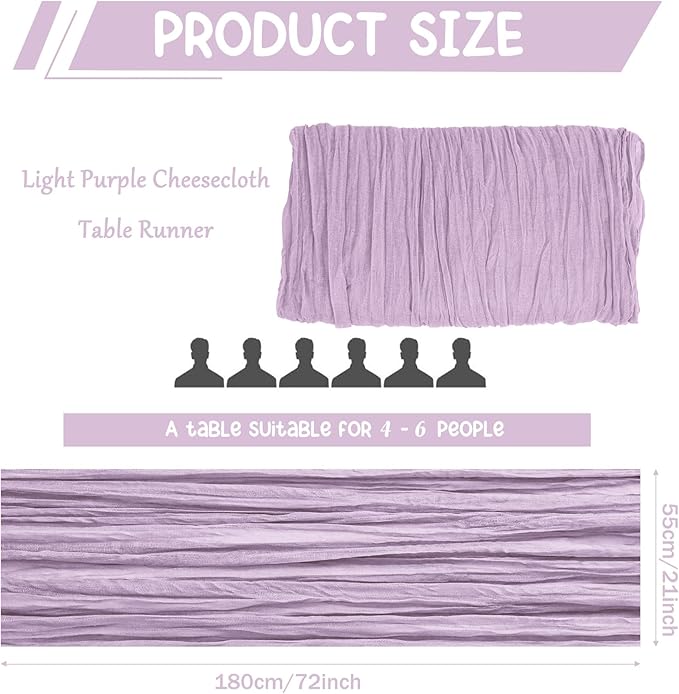 10 Pack Cheesecloth Table Runner 6FT Boho Gauze Rustic Fabric Table Runner Vintage Sheer Tablecloth for Wedding Party Bridal Baby Shower Decorations (Light Purple)