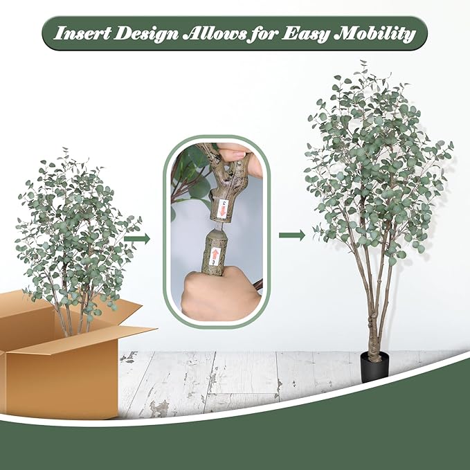 7FT Artificial Eucalyptus Tree Indoor, Tall Faux Eucalyptus Plant with Pre-Potted Realistic Silk Leaves and Trunk, Fake Eucalyptus Tree for Office Living Room Bedroom Foyer Porch Home Corner Decor