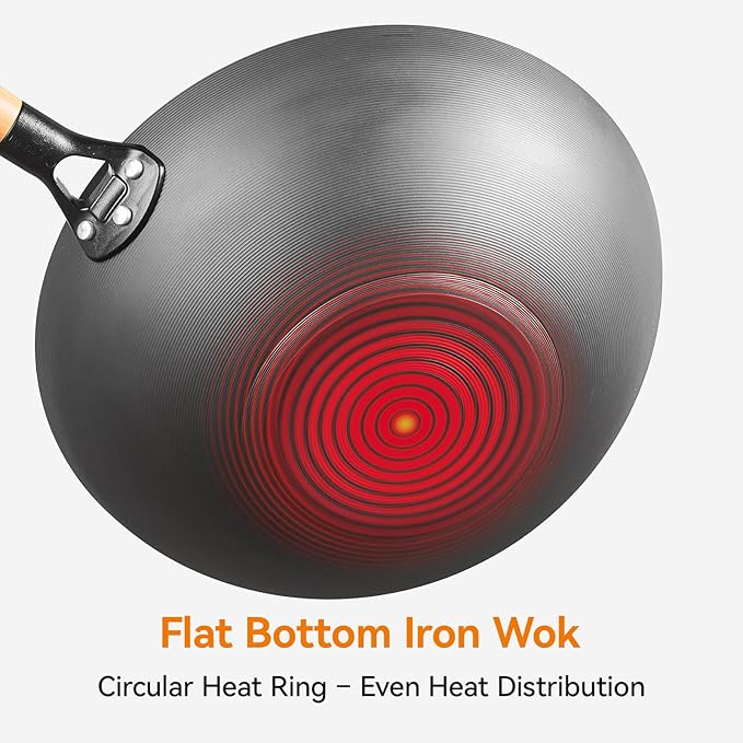 VIVIDCOOKWARE 12.6" Carbon Steel Wok Pan, Flat Bottom Stir Fry Wok with Spiral Thread Interior, Coating‑Free Naturally Seasoning Wok, Compatible with Gas, Electric & Induction Cooktops