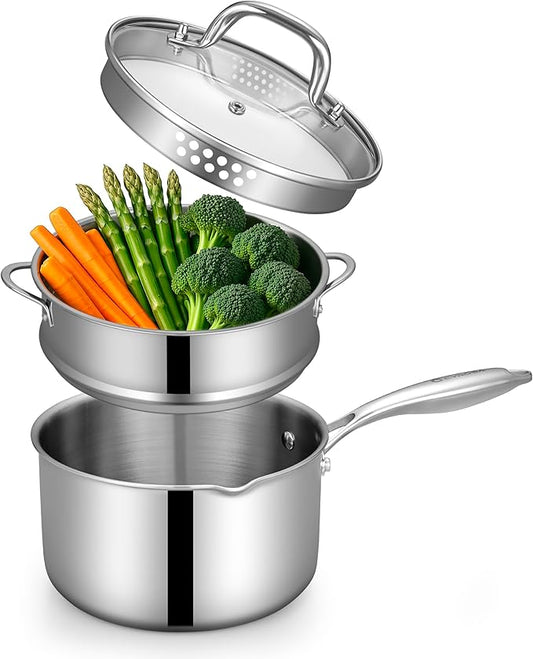 Tri-Ply Stainless Steel Sauce Pan with Steamer Basket & Strainer Glass Lid–Multi-Function Pot 3.5 QT- Modern Sleek Design–Safe,Chemical-Free& Stylish Cookware–Upgrade Your Kitchen with Healthy Cooking