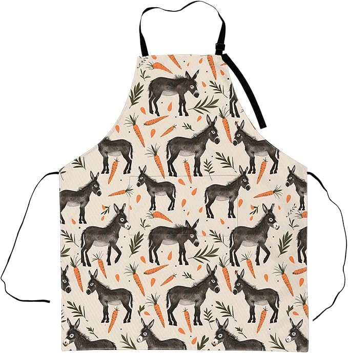 Donkey and Carrot Apron,Adjustable Waterproof Oxford Fabric Kitchen Apron with 2 Pockets for Men and Women, Cooking, Baking, BBQ, Coffee Shop, Housewarming Gifts, 28x33 Inches