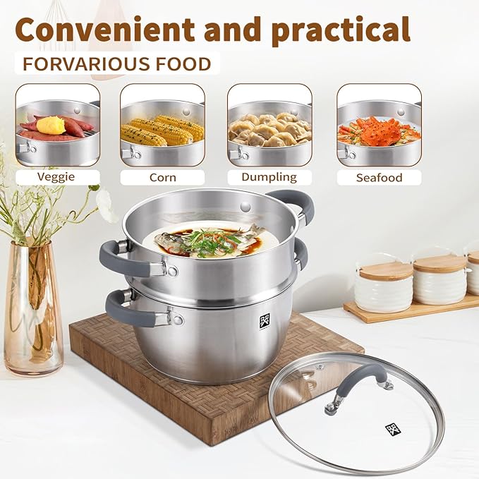 GOLDEN KEY 3.2 QT Steamer for Cooking,Steamer Pots with Vegetable Steam Basket,2-Tier Multipurpose 18/8 Stainless Steel Steaming Pot Cookware for Vegetable,Soup, Food,Dumplings,Oven & Dishwasher Safe