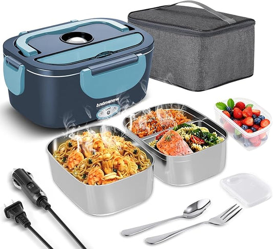 Electric Lunch Box-Portable Food Warmer Heater for Adults, Heated Lunch Box for Travel,On-the-Go,Office,Construction-Cook,Warming Soup & Reheat (GrayBlue*2Container)