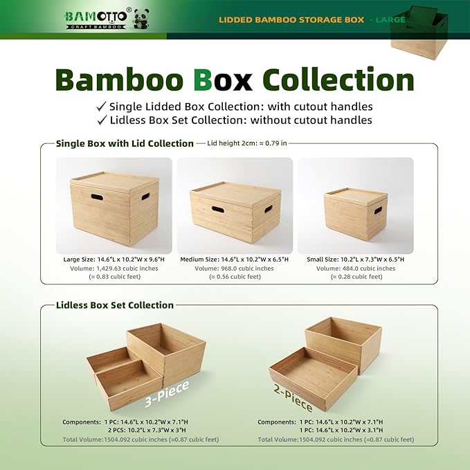 Large 14.6”x10.2”x9.6” Lidded Bamboo Storage Bins - Stackable with Handles, Box/Cube/Basket for Home Kitchen Office, Organize Tableware Toys Crafts Books