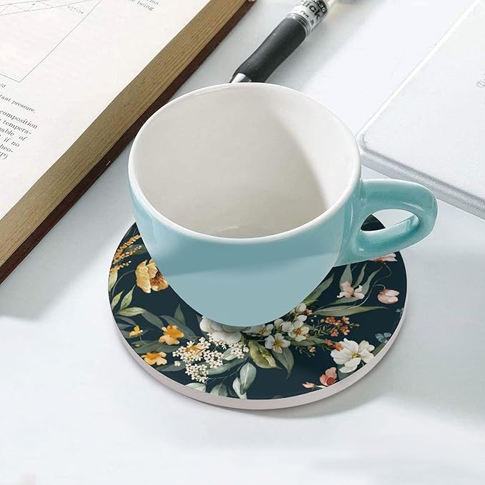 Round-4PCS Floral Ceramic Coasters, Round Absorbent Drink Coasters, Watercolour Leaf Flower Herb Nature Plant Floral Ceramic Table Coasters for Coffee, Beverage, Wine, Beer Coasters