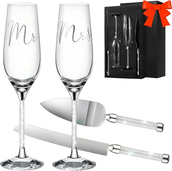 Wedding Cake Knife and Champagne Flutes Server Set | Bride & Groom Champagne Glasses | Toasting Glasses for Parties and Cake Cutting Set – for Wedding, Engagement, Bridal Shower Gifts(Silver)