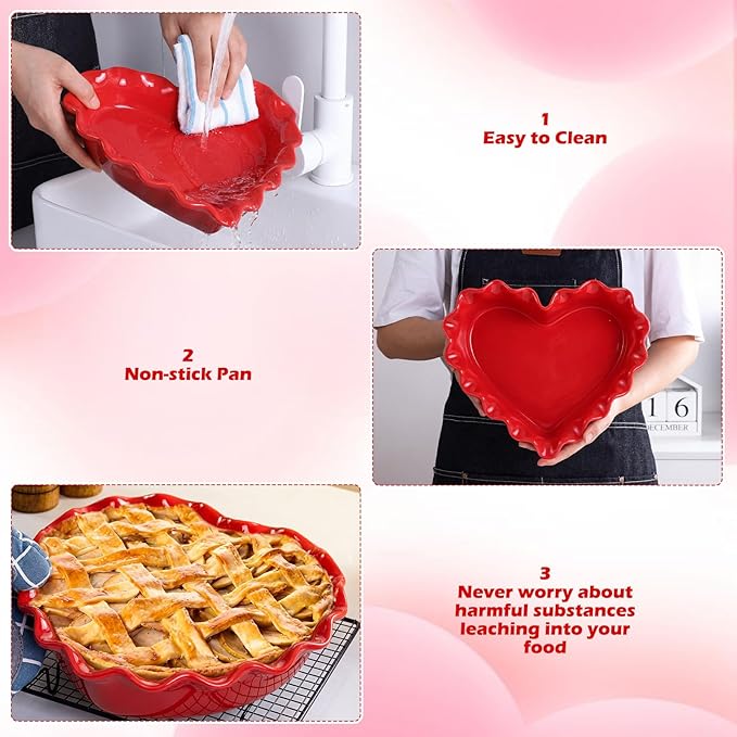FoldTier 9in Valentine's Day Heart Shaped Deep Pie Dish 2.6in Ceramic Ruffle Heart Pie Pan Baking Dish for Valentine Wedding Anniversary Party Apple Quiche Pot Pies Tart for Microwave Oven(Red)