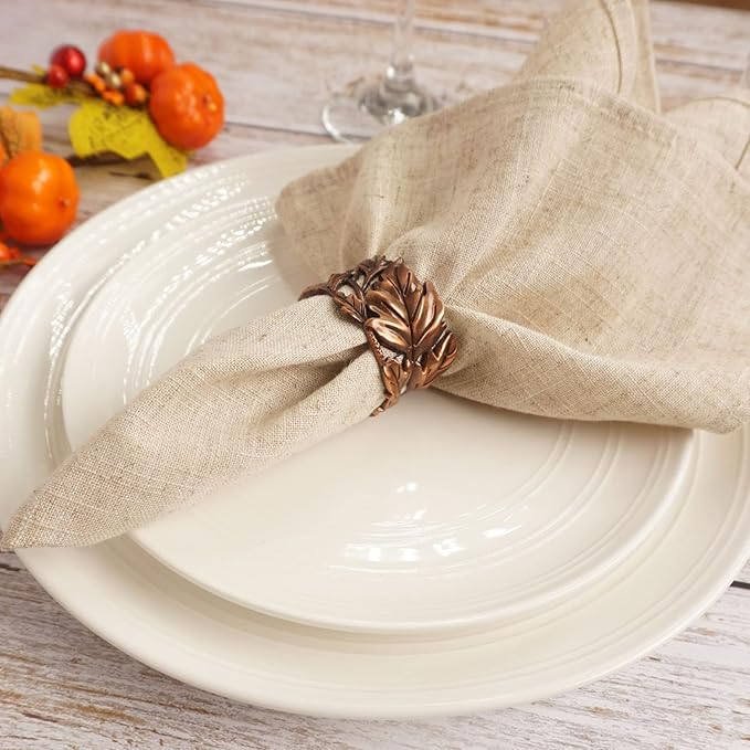 Leaf Shape Napkin Rings Set of 6, Bronze Napkin Rings Metal Napkin Ring Holders for Dinner Party, Wedding, Banquets,Thanksgiving, Holiday Table Settings