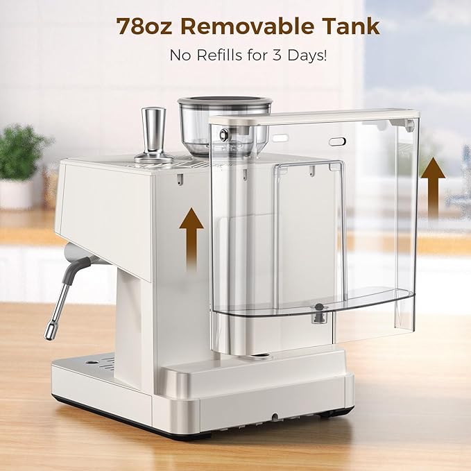 Electactic 20 Bar Espresso Machine with Built-in Anti-Clog Coffee Grinder, Expresso Coffee Machines with Milk Steam Wand/Frother/Tamping Tools,Espresso Maker with Grinder for Lattes-White