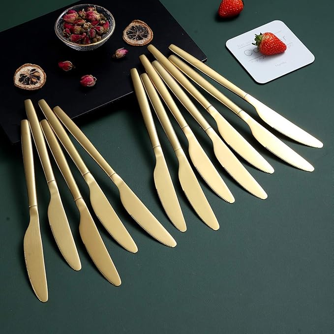 Berglander Gold Dinner Knives Set Of 12, Titanium Shiny Gold Plating Stainless Steel Dinner Knife, Butter Knife Table Knives Dishwasher Safe