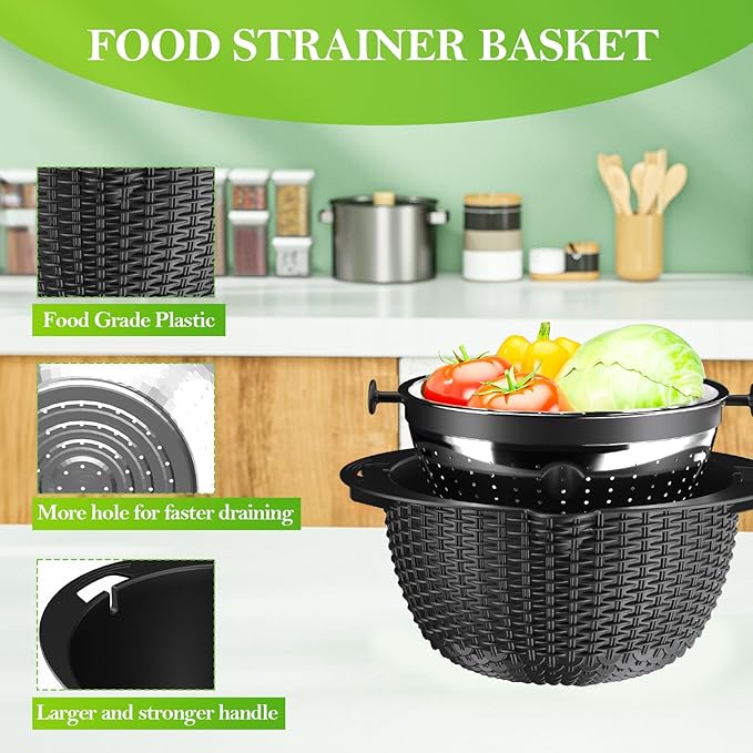 4-1 Colander with Mixing Bowl Set - Colander for Kitchen - Strainers and Colanders - Pasta Strainer - Bowl With Colander - Rice Strainer Fruit Cleaner Veggie Wash Kitchen Essentials, Black