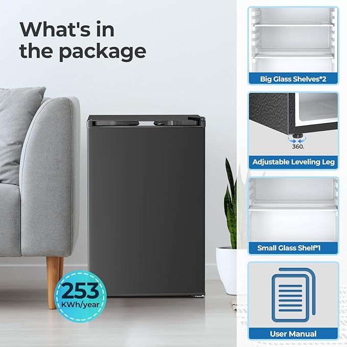 4.5 Cu.ft Mini Fridge with Freezer, Compact Refrigerator with Reversible Single Door, Adjustable Thermostat, Low Noise, Energy Efficient for Office, Dorm, Bedroom, Apartment BLACK