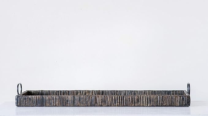 Creative Co-Op Black Rattan & Wood Tray with Handles