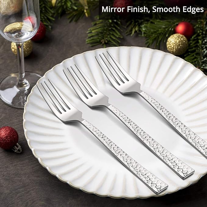 E-far 6-piece Hammered Dinner Forks Set, 7.9 Inch Stainless Steel Forks for Home, Kitchen or Restaurant, Non-toxic & Mirror Polished, Squared Edge & Dishwasher Safe