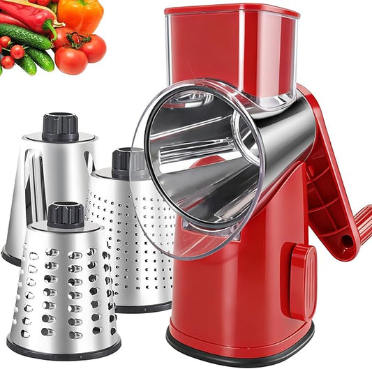 Rotary Cheese Grater with 3 Blades, Large Hand Crank Cheese Grater with Waffle Slicer, Black and White Cheese Slicer with Suction Base, Easier for Shredding& Grating (red, 3 Graters)