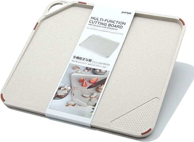 yuriya Plastic Cutting Board for Kitchen, Dishwasher Safe, Double-Sided Wheat Straw Board with Knife Sharpener and Garlic Grinder, Non-Slip, Juice Groove, Meat Grip Spikes, BPA-Free, Sand Beige