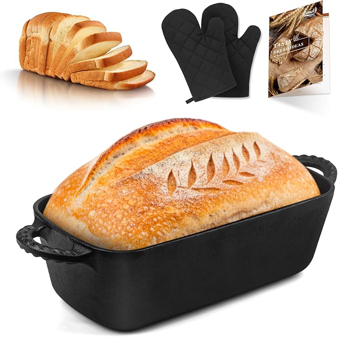 Lvmol 9.5×5 Inch Cast Iron Loaf Pan - Pre-Seasoned Sourdough Bread Baking Pan, Even Heat Distribution for Homemade Bread