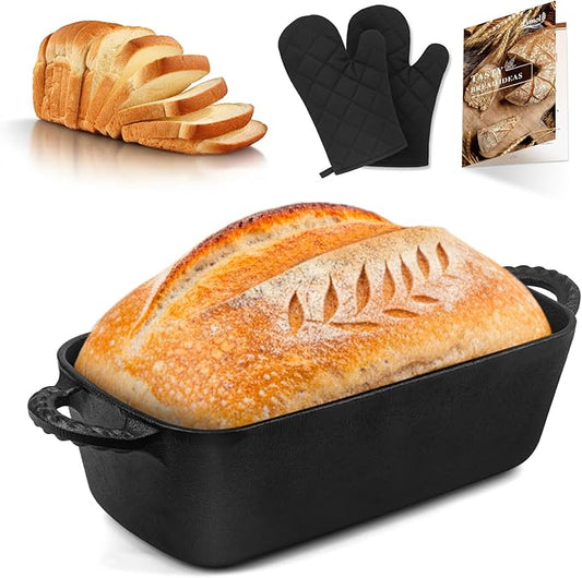 Lvmol 9.5×5 Inch Cast Iron Loaf Pan - Pre-Seasoned Sourdough Bread Baking Pan, Even Heat Distribution for Homemade Bread