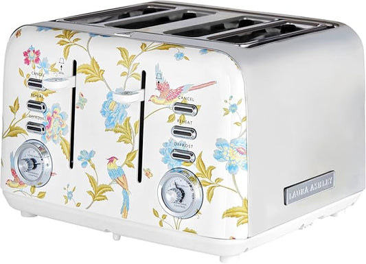 VQ Laura Ashley Elveden White Stainless Steel 4 Slice Toaster | Multi-Functional Bagels & Bread Toaster 4 Slice with Adjustable Heating & Defrost Mode | Featuring 4 Wide Slots, Croissant Warming Rack