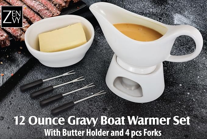 Zenvy Gravy Boat Set | 12 Ounce Ceramic White Gravy Dish Set With Candle Warmer Stand, Butter/Dip Dish, And Appertizer Forks