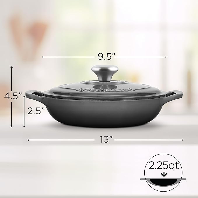 ROSSALLINI Signature Enameled Cast Iron Braiser, Non-Stick Serving Pot with Tight Fitting Lid for Perfect Roasting, Baking, Sauteing, Searing, and Pan Frying | 2.25Q (2.1L) - Oyster Grey