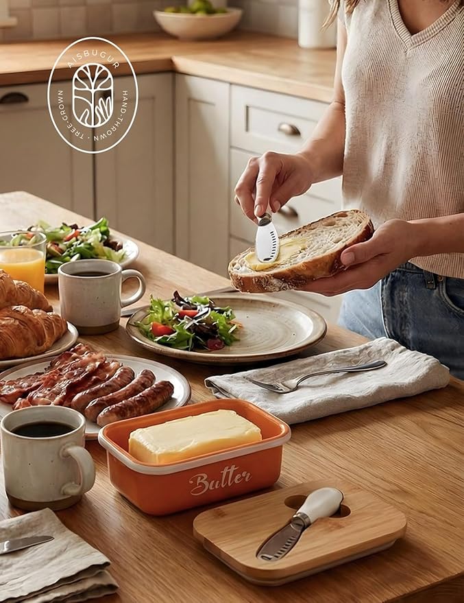 Butter Dish, Butter Dish with Lid for Countertop,Metal Butter Keeper with Stainless Steel Multipurpose Butter Knife, Large Butter Container with quality Silicone Good Kitchen Gift,Orange