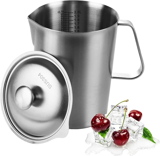 LANIAKEA Stainless Steel Measuring Pitcher with Lid 70 oz / 2L Metal Measuring Cup with Marking with Handle Wide Mouth Graduated Cup for Milk Frothing,Latte Art,Espresso, Hot & Cold Water, Iced Tea