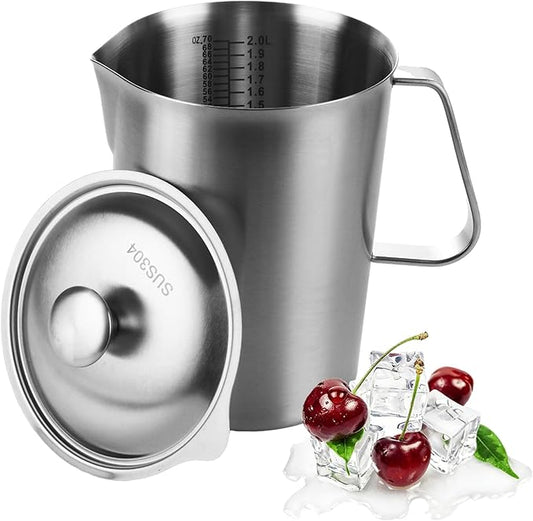 LANIAKEA Stainless Steel Measuring Pitcher with Lid 70 oz / 2L Metal Measuring Cup with Marking with Handle Wide Mouth Graduated Cup for Milk Frothing,Latte Art,Espresso, Hot & Cold Water, Iced Tea
