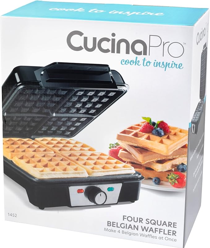 CucinaPro Four Square Belgian Waffle Maker, Extra Large Stainless Steel Kitchen Appliance w Nonstick Waffler Iron Plates- Make 4 Fluffy Waffles, Griddle for Family Morning Breakfast with Recipe Guide