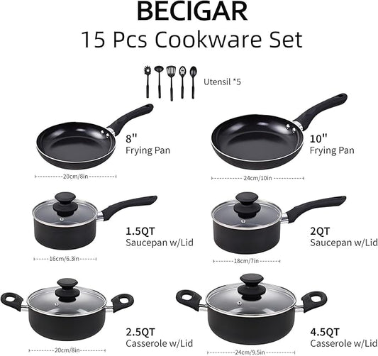 Black Ceramic Pots and Pans Set, 15PCS Nonstick Set Ceramic Cookware Set, Nonstick Pan Pots and Pans Set Non Stick Cookware set