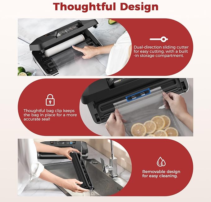 Vacuum Sealer Machine, 95Kpa Powerful Suction System Commercial Full Automatic Vaccum Sealer with Built-in Cutter & Bag Storage, Includes 1 Bag Roll + 10 Pre-cut Bags
