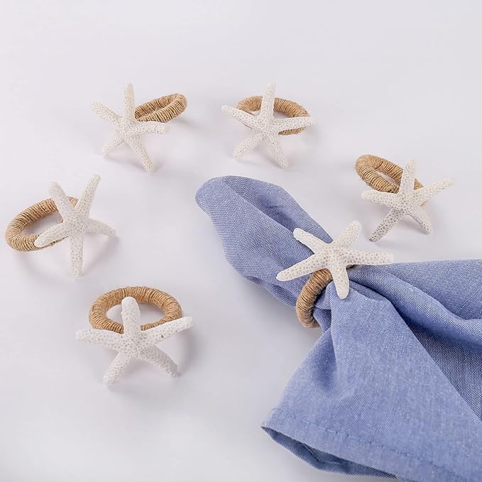 Napkin Rings Set of 6,White Sea Star Napkin Holders for Crafts,Starfish Serviette for Tables,Summer,Wedding, Birthday, Banquet, Thanksgiving Day, Christmas