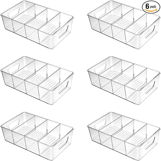 6 Pack Pantry Organizers and Storage, Clear Plastic with 3 Removable Dividers, for Tea Bag, Snack, Seasoning Organizer – BPA Free Perfect in Pantry and Fridge
