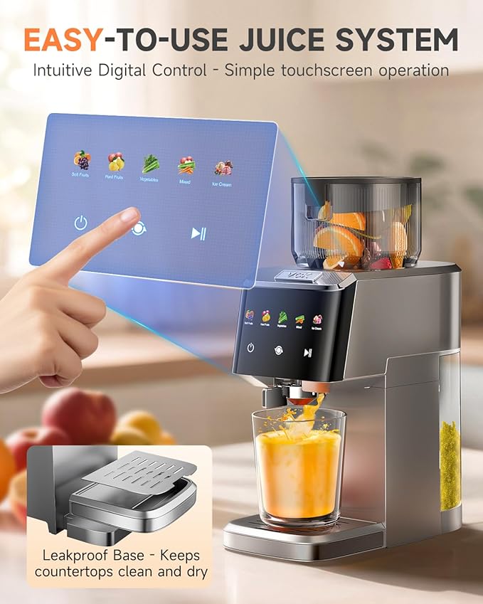 Cold Press Juicer with Large 5.12" Feed Chute- Slow Masticating Technology for Nutrient Retention, Quiet Motor, High Juice Yield, Leakproof Base- Perfect for Fruits Vegetables & Leafy Greens-Grey