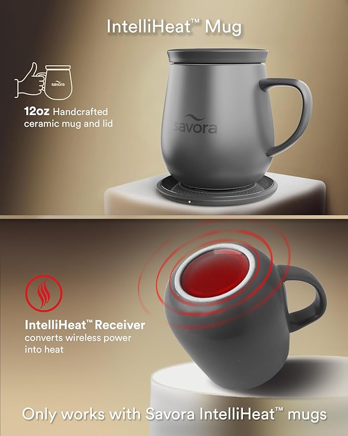 12oz IntelliHeat™ Coffee Mug | Barista’s Choice | Exclusive Wireless SmartSense Pad | Maintains Perfect 135°F | Hand-Crafted Ceramic Mug & Lid | Great for Tea Drinkers | Backed for Life - Grey