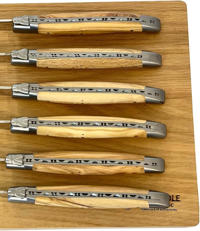 Laguiole en Aubrac Luxury Fully Forged Full Tang Stainless Steel Steak Knives 6-Piece Set with Olivewood Handle, Stainless Steel Matte Bolsters