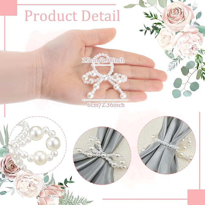 12 Pcs Pearl Bow Napkin Rings Imitation Bow Pearl Ring Napkin Holder Delicate Beaded Serviette Buckles for Christmas Wedding Party Dinner Table Decor and Daily Use