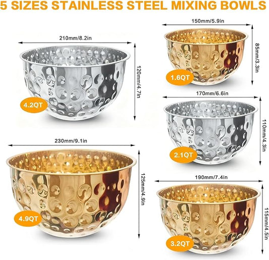 Gold Mixing Bowls Set of 5, Stainless Steel Mixing Bowls, Metal Nesting Salad Bowls Kitchen Food Storage Containers for Cooking, Baking, Prepping Christmas Serving, No Lids, 1.6/2/3.2/4.2/4.9 QT