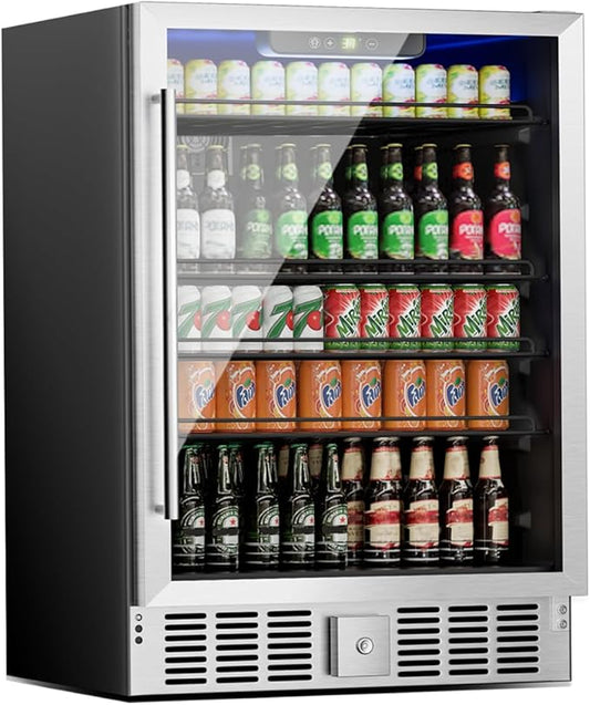 24 inch Beverage Refrigerator, Under Counter Small Refrigerator, 166 Can/5.3 Cubic Large Fridge with Glass Front Door for Soda Wine Beer, Adjustable Temperature Control for Home Office(Silver)
