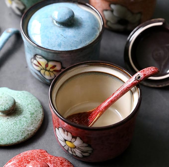 Ceramics Retro Flower Sugar Salt Pepper Storage Jar Seasoning Pot with Lid And S