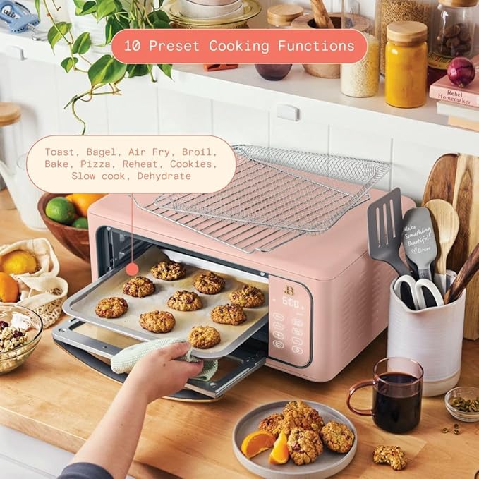 Beautiful by Drew Infrared Air Fry Toaster Oven 1800W with 9-Slice Capacity and Multi-Function Cooking (Rose)