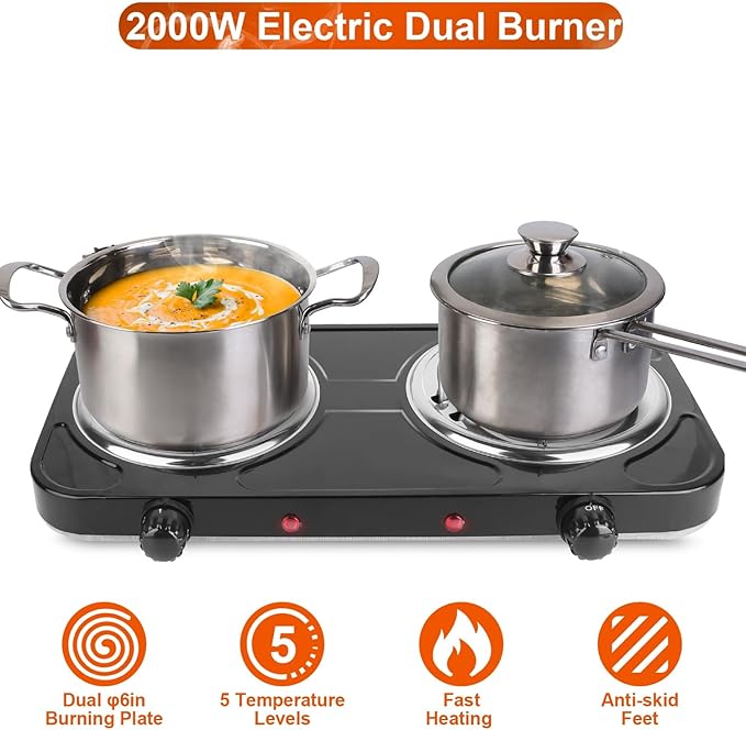 2000W Electric Portable Double Burner Coil Heating Hot Plate Stove Countertop RV Hotplate Temperature Controls Easy to Clean for Camping RV Kitchen (Black) ﻿