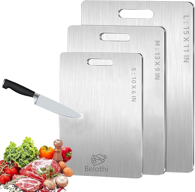 Belothi Stainless Steel Cutting Board, 3 PCS Cutting Boards for Kitchen, 304 Stainless Non Stick Chopping Cutting Board for Meat Fruit & Vegetable (15"x 11",13"x 9",10"x 6")