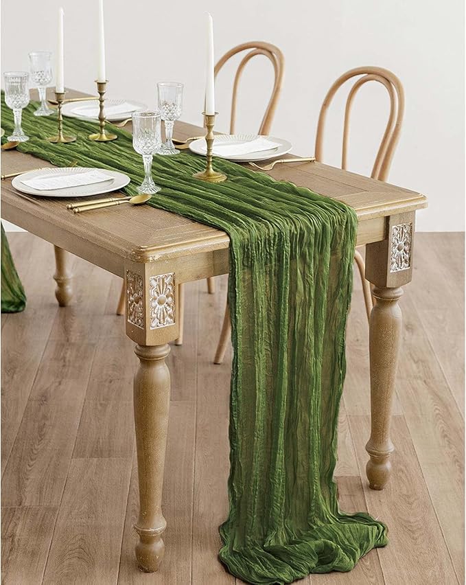 12 Pcs Olive Green Cheesecloth Table Runner 10Ft, Gauze Table Runners 21.5 x 120 inch,Semi Sheer Cheese Cloth Fabric Runner Bulk for Wedding,Party,Baby Shower,Bridal Shower