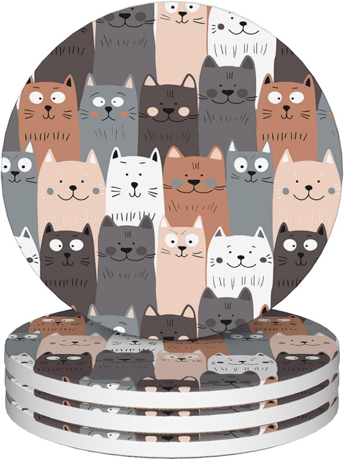 Coasters for Drinks,Cute Cat Gray Cats Absorbent Coaster Set of 4 with Cork Base,Ceramic Drink Coasters for Cold Drinks Wine Glasses Cups Mugs,Housewarming Gifts for Home Decor