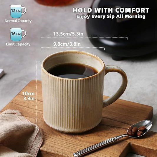 MONITO Coffee Mugs Set of 6, 16 oz Mugs Set, Ceramic Coffee Cups with Large Handles, Suitable for Lattes, Hot tea, Cappuccinos, Mochas and Cocoa,Bonbon Beige