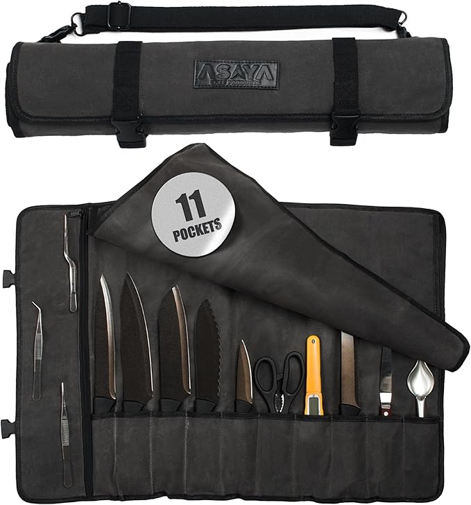 Asaya Canvas Chef Knife Roll Bag - 10 Knife Slots and a Large Zipper Pocket - Durable 10oz Canvas Knife Case with an Adjustable Shoulder Strap - Knives not Included